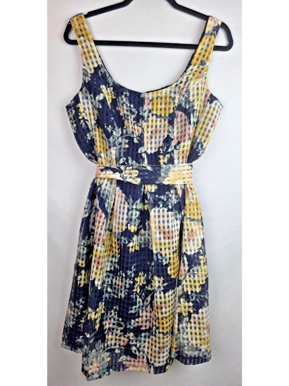 Anne Klein Women's Dress Size 10 Blue & Yellow Floral Sleeveless A-Line w/ Belt
